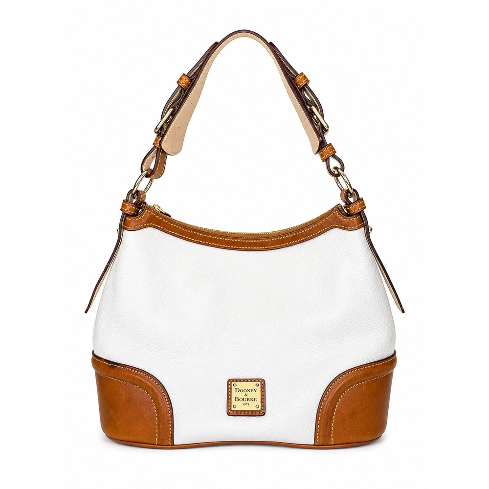 Dooney & Bourke White Pebbled Leather Hobo Shoulder Bag Brown Trim
